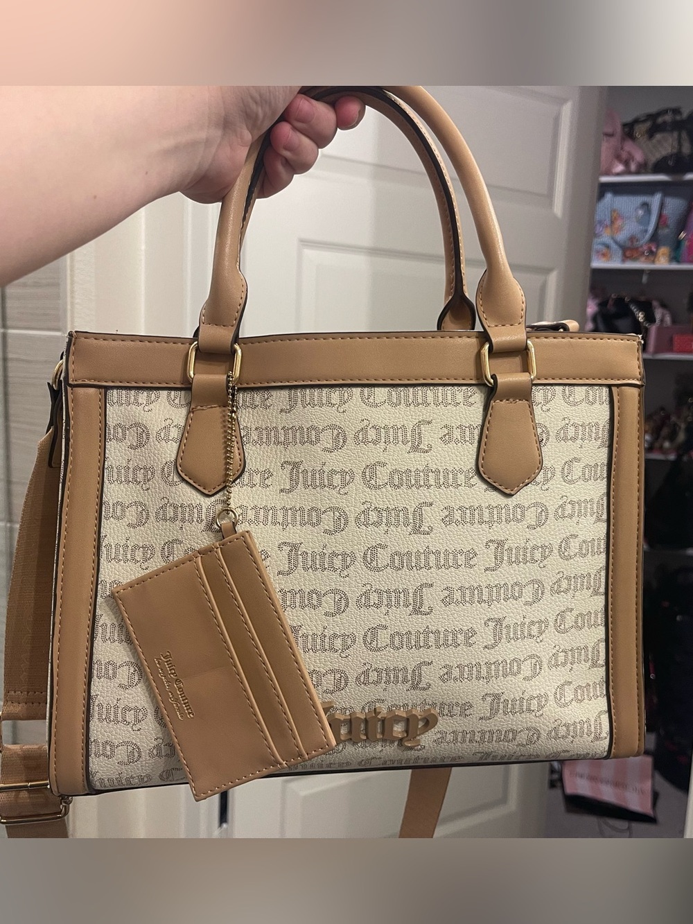 Juicy Couture Beige Logo Satchel with Tan Trim and Card Holder